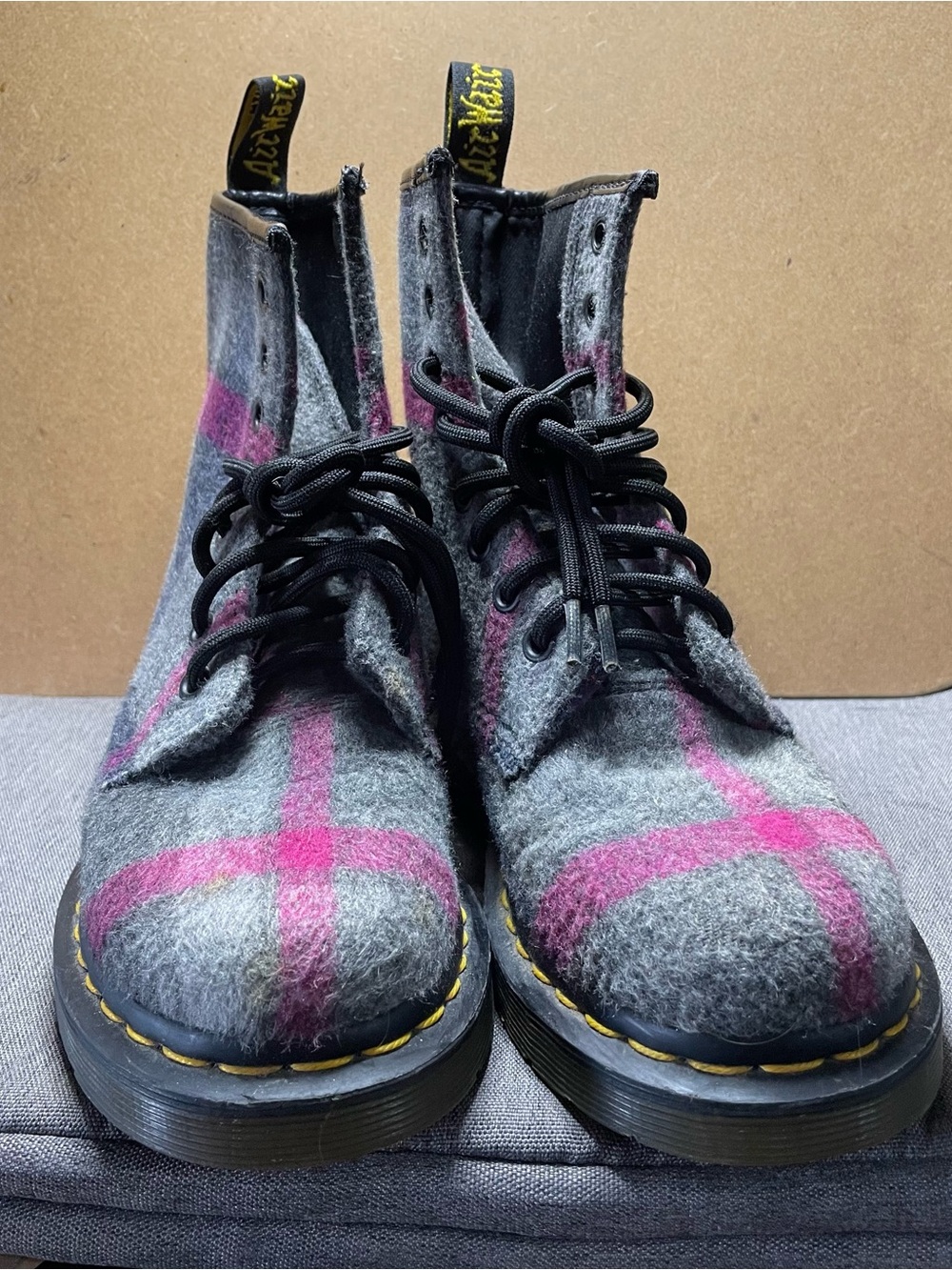 Dr. Martens Gray and Pink Plaid Lace-Up Women's Boots